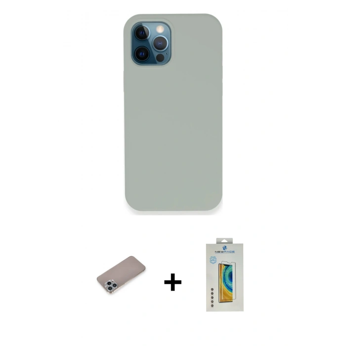 MARSİLYAN™- iPhone 12 Pro Kılıf Zirve Modern Özel Seri - Siyah Polymer Nano Ekran Koruyucu + Sierra Blue Shine Kamera Lens Koruma Cam