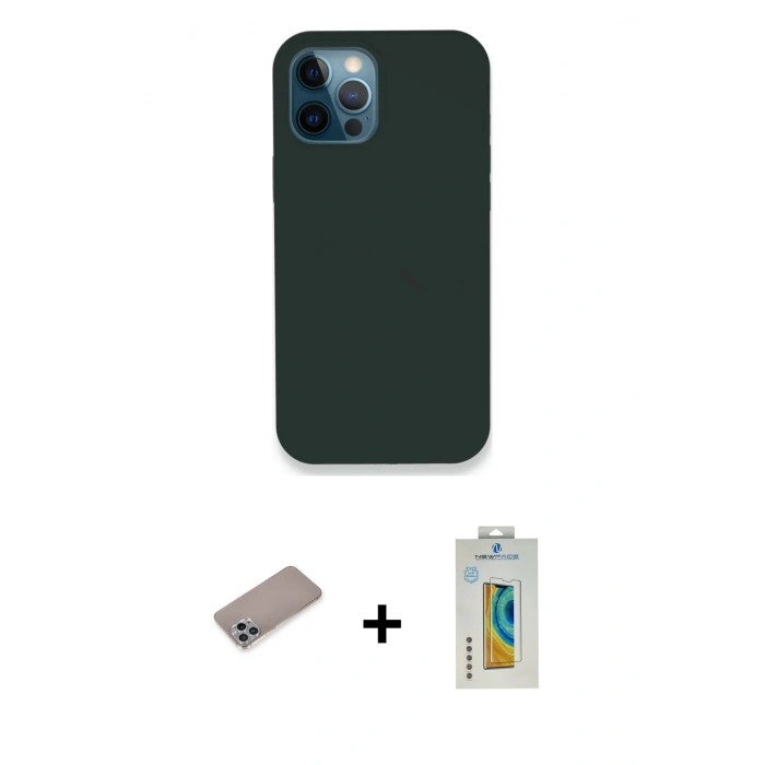 MARSİLYAN™- iPhone 12 Pro Kılıf Zirve Modern Özel Seri - Siyah Polymer Nano Ekran Koruyucu + Sierra Blue Shine Kamera Lens Koruma Cam