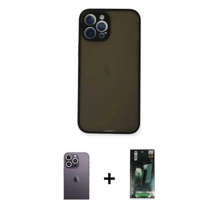MARSİLYAN™- iPhone 12 Pro Max Kılıf Ahenk Çizgi Serisi - Şeffaf 360 Full Body Arka Koruyucu + Neon Fosforlu Kamera Lens - BZ