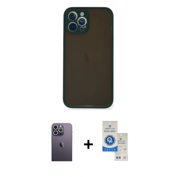MARSİLYAN™- iPhone 12 Pro Max Kılıf Ahenk Çizgi Serisi - Şeffaf Royal Nano Ekran Koruyucu + Neon Fosforlu Kamera Lens - BZ