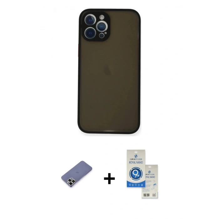 MARSİLYAN™- iPhone 12 Pro Max Kılıf Ahenk Çizgi Serisi - Şeffaf Royal Nano Ekran Koruyucu + Metal Kamera Lens Koruma Cam - GD
