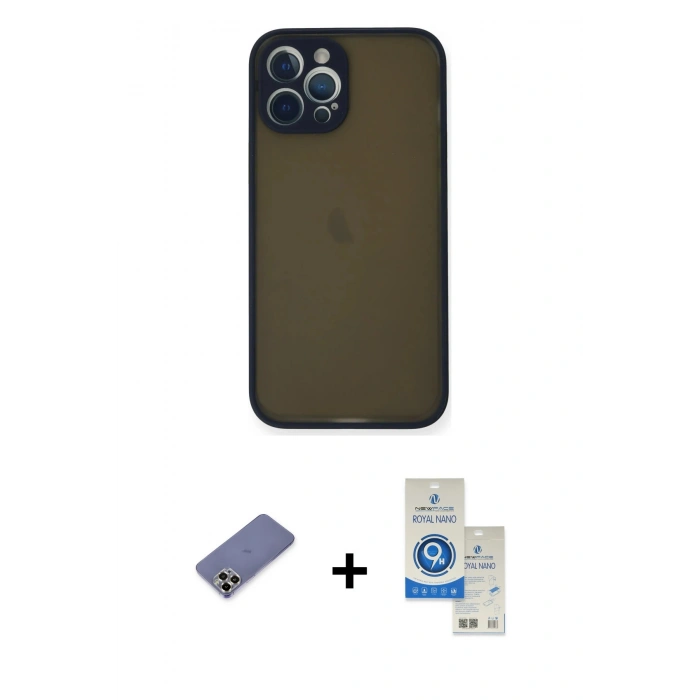 MARSİLYAN™- iPhone 12 Pro Max Kılıf Ahenk Çizgi Serisi - Şeffaf Royal Nano Ekran Koruyucu + Metal Kamera Lens Koruma Cam - GD