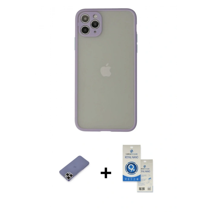 MARSİLYAN™- iPhone 12 Pro Max Kılıf Ahenk Çizgi Serisi - Şeffaf Royal Nano Ekran Koruyucu + Metal Kamera Lens Koruma Cam - GD