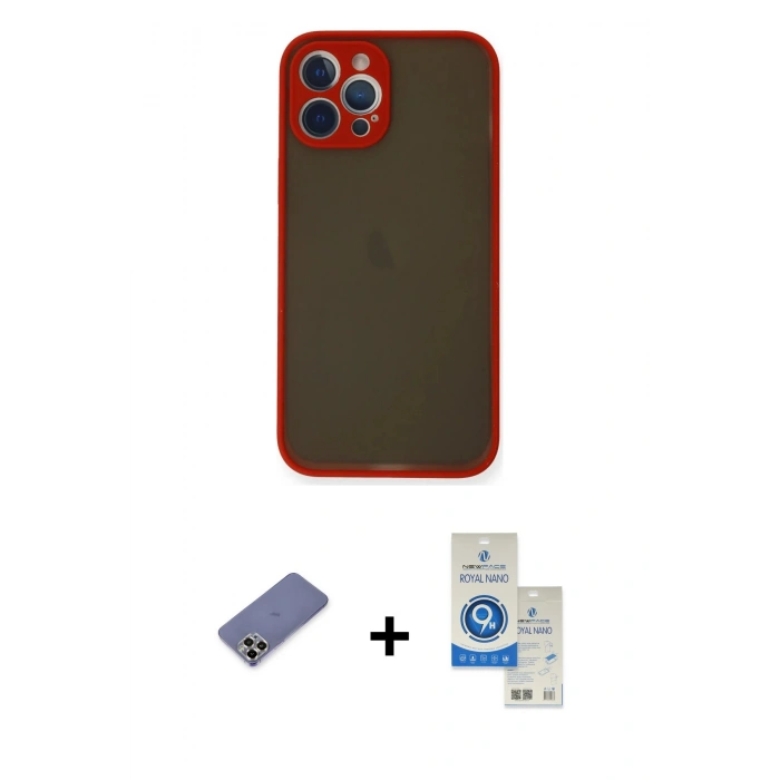 MARSİLYAN™- iPhone 12 Pro Max Kılıf Ahenk Çizgi Serisi - Şeffaf Royal Nano Ekran Koruyucu + Metal Kamera Lens Koruma Cam - GD