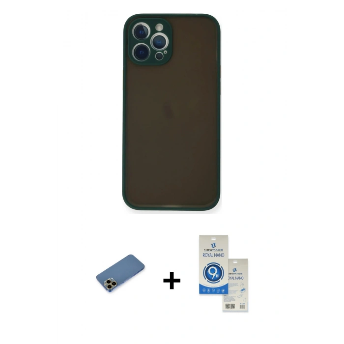 MARSİLYAN™- iPhone 12 Pro Max Kılıf Ahenk Çizgi Serisi - Şeffaf Royal Nano Ekran Koruyucu + Shine Kamera Lens Koruma Cam - GD