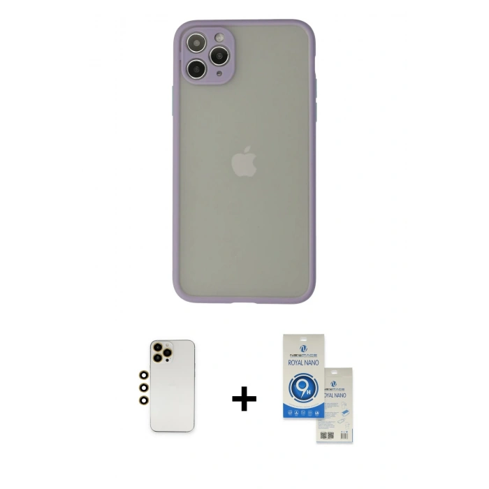 MARSİLYAN™- iPhone 12 Pro Max Kılıf Ahenk Çizgi Serisi - Şeffaf Royal Nano Ekran Koruyucu + Shine Kamera Lens - GD