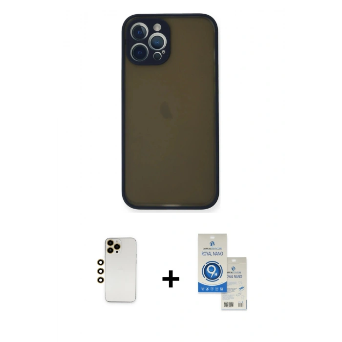 MARSİLYAN™- iPhone 12 Pro Max Kılıf Ahenk Çizgi Serisi - Şeffaf Royal Nano Ekran Koruyucu + Shine Kamera Lens - GD