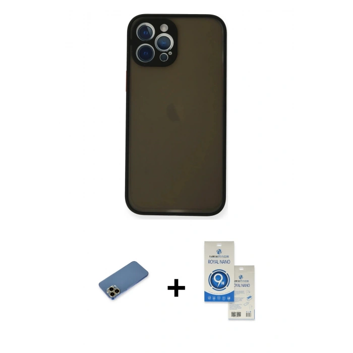 MARSİLYAN™- iPhone 12 Pro Max Kılıf Ahenk Çizgi Serisi - Şeffaf Royal Nano Ekran Koruyucu + Shine Kamera Lens Koruma Cam - GD
