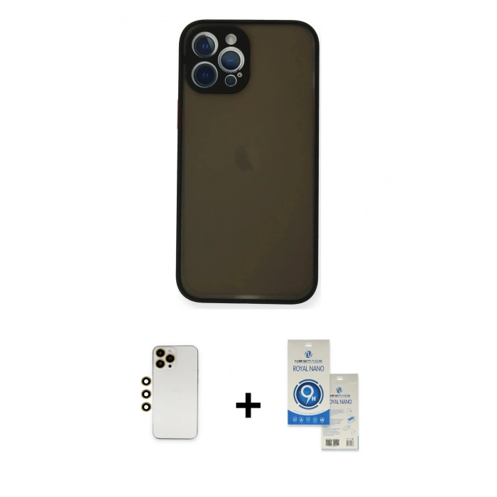 MARSİLYAN™- iPhone 12 Pro Max Kılıf Ahenk Çizgi Serisi - Şeffaf Royal Nano Ekran Koruyucu + Shine Kamera Lens - GD