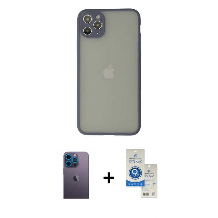 MARSİLYAN™- iPhone 12 Pro Max Kılıf Ahenk Çizgi Serisi - Şeffaf Royal Nano Ekran Koruyucu + Neon Fosforlu Kamera Lens - MI
