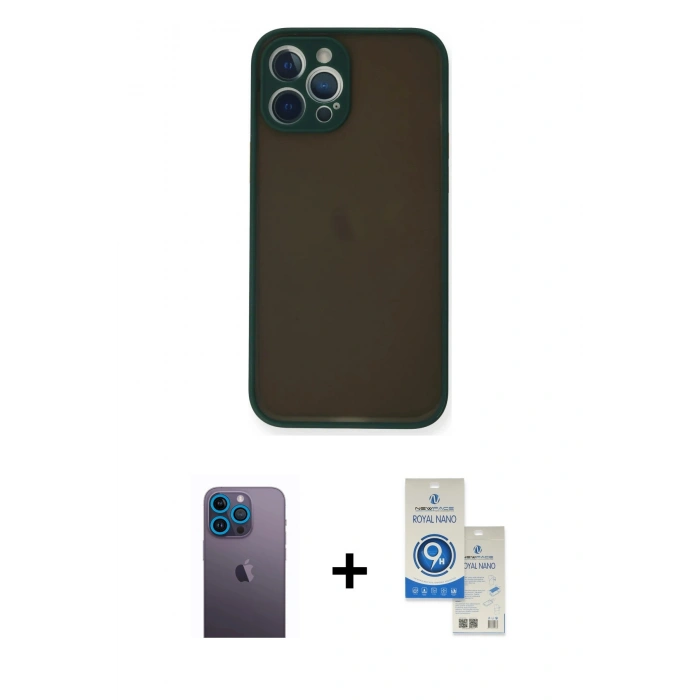 MARSİLYAN™- iPhone 12 Pro Max Kılıf Ahenk Çizgi Serisi - Şeffaf Royal Nano Ekran Koruyucu + Neon Fosforlu Kamera Lens - MI