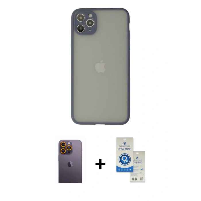 MARSİLYAN™- iPhone 12 Pro Max Kılıf Ahenk Çizgi Serisi - Şeffaf Royal Nano Ekran Koruyucu + Neon Fosforlu Kamera Lens - SI