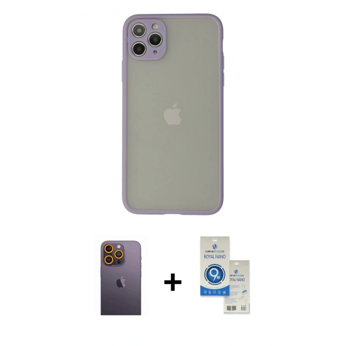 MARSİLYAN™- iPhone 12 Pro Max Kılıf Ahenk Çizgi Serisi - Şeffaf Royal Nano Ekran Koruyucu + Neon Fosforlu Kamera Lens - SI