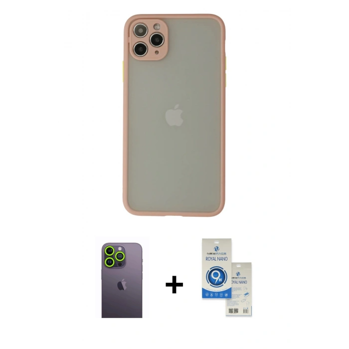 MARSİLYAN™- iPhone 12 Pro Max Kılıf Ahenk Çizgi Serisi - Şeffaf Royal Nano Ekran Koruyucu + Neon Fosforlu Kamera Lens - YL