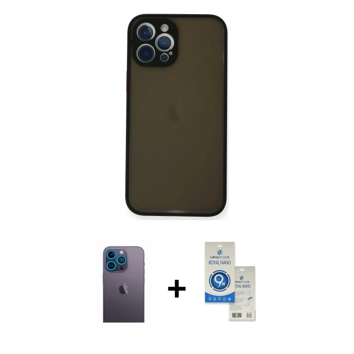 MARSİLYAN™- iPhone 12 Pro Max Kılıf Ahenk Çizgi Serisi - Şeffaf Royal Nano Ekran Koruyucu + Neon Fosforlu Kamera Lens - MI