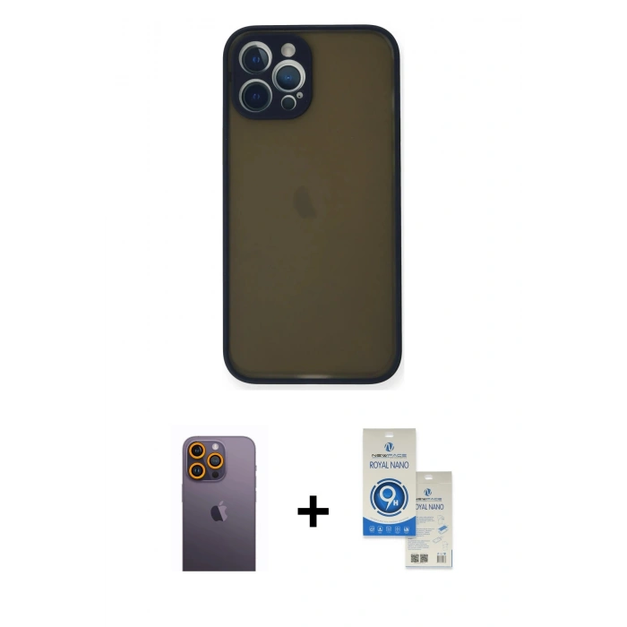 MARSİLYAN™- iPhone 12 Pro Max Kılıf Ahenk Çizgi Serisi - Şeffaf Royal Nano Ekran Koruyucu + Neon Fosforlu Kamera Lens - SI