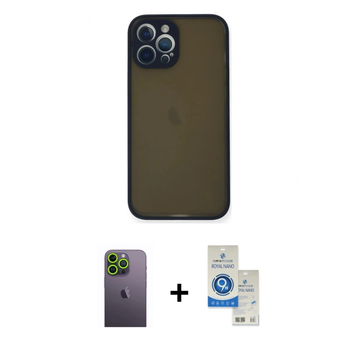 MARSİLYAN™- iPhone 12 Pro Max Kılıf Ahenk Çizgi Serisi - Şeffaf Royal Nano Ekran Koruyucu + Neon Fosforlu Kamera Lens - YL