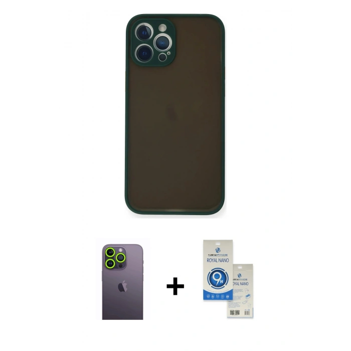 MARSİLYAN™- iPhone 12 Pro Max Kılıf Ahenk Çizgi Serisi - Şeffaf Royal Nano Ekran Koruyucu + Neon Fosforlu Kamera Lens - YL