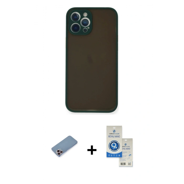MARSİLYAN™- iPhone 12 Pro Max Kılıf Ahenk Çizgi Serisi - Şeffaf Royal Nano Ekran Koruyucu + Shine Kamera Lens Koruma Cam - PE