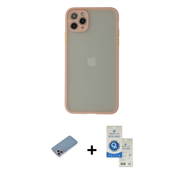 MARSİLYAN™- iPhone 12 Pro Max Kılıf Ahenk Çizgi Serisi - Şeffaf Royal Nano Ekran Koruyucu + Shine Kamera Lens Koruma Cam - PE