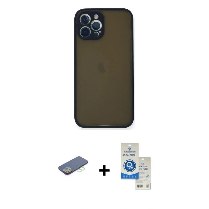 MARSİLYAN™- iPhone 12 Pro Max Kılıf Ahenk Çizgi Serisi - Şeffaf Royal Nano Ekran Koruyucu + Renkli Kamera Lens Koruma Cam - YL