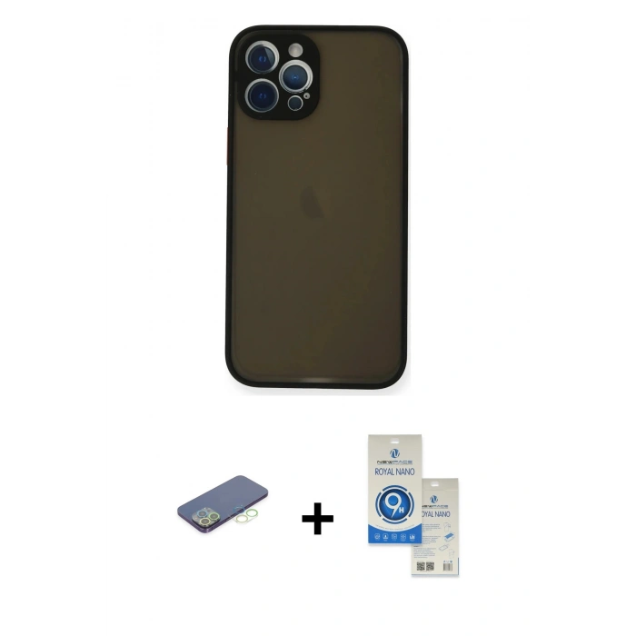 MARSİLYAN™- iPhone 12 Pro Max Kılıf Ahenk Çizgi Serisi - Şeffaf Royal Nano Ekran Koruyucu + Renkli Kamera Lens Koruma Cam - YL
