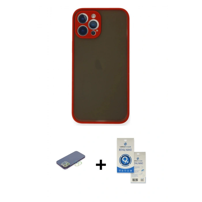 MARSİLYAN™- iPhone 12 Pro Max Kılıf Ahenk Çizgi Serisi - Şeffaf Royal Nano Ekran Koruyucu + Renkli Kamera Lens Koruma Cam - YL