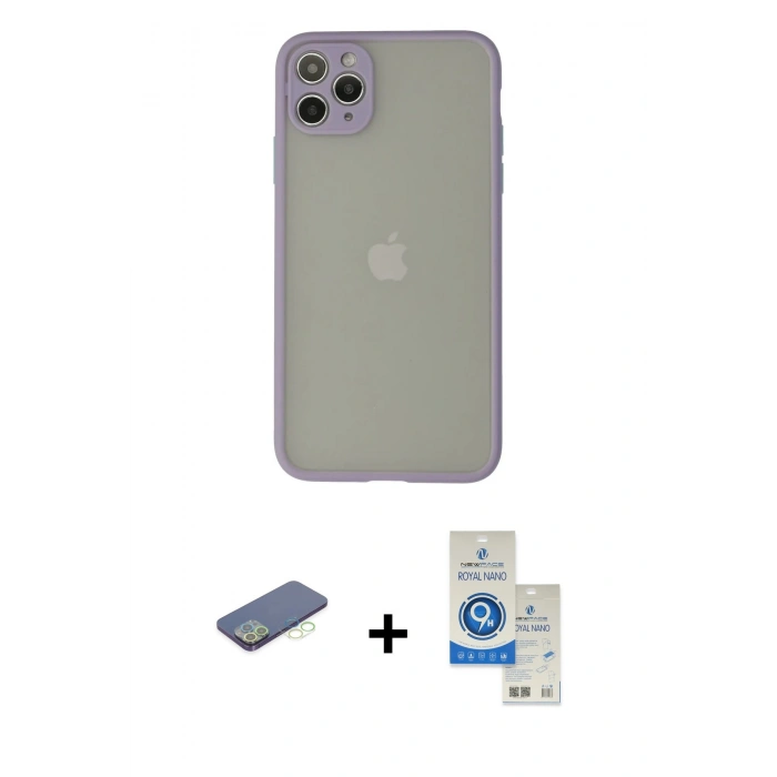 MARSİLYAN™- iPhone 12 Pro Max Kılıf Ahenk Çizgi Serisi - Şeffaf Royal Nano Ekran Koruyucu + Renkli Kamera Lens Koruma Cam - YL