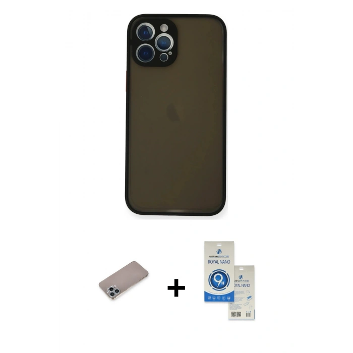 MARSİLYAN™- iPhone 12 Pro Max Kılıf Ahenk Çizgi Serisi - Şeffaf Royal Nano Ekran Koruyucu + Shine Kamera Lens Koruma Cam - SABE