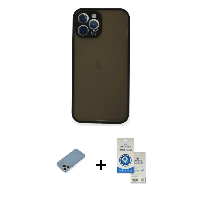 MARSİLYAN™- iPhone 12 Pro Max Kılıf Ahenk Çizgi Serisi - Şeffaf Royal Nano Ekran Koruyucu + Shine Kamera Lens Koruma Cam - GI