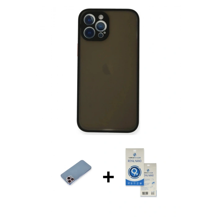 MARSİLYAN™- iPhone 12 Pro Max Kılıf Ahenk Çizgi Serisi - Şeffaf Royal Nano Ekran Koruyucu + Shine Kamera Lens Koruma Cam - PE