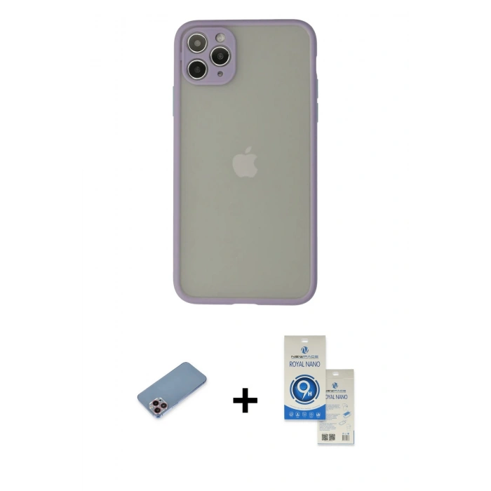 MARSİLYAN™- iPhone 12 Pro Max Kılıf Ahenk Çizgi Serisi - Şeffaf Royal Nano Ekran Koruyucu + Shine Kamera Lens Koruma Cam - PE