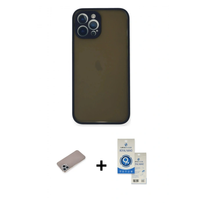 MARSİLYAN™- iPhone 12 Pro Max Kılıf Ahenk Çizgi Serisi - Şeffaf Royal Nano Ekran Koruyucu + Shine Kamera Lens Koruma Cam - SABE