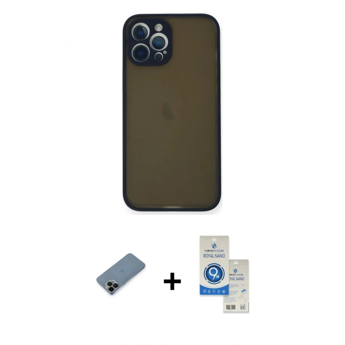 MARSİLYAN™- iPhone 12 Pro Max Kılıf Ahenk Çizgi Serisi - Şeffaf Royal Nano Ekran Koruyucu + Shine Kamera Lens Koruma Cam - SH
