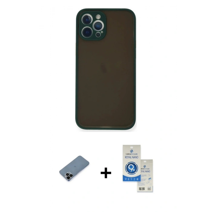 MARSİLYAN™- iPhone 12 Pro Max Kılıf Ahenk Çizgi Serisi - Şeffaf Royal Nano Ekran Koruyucu + Shine Kamera Lens Koruma Cam - SH