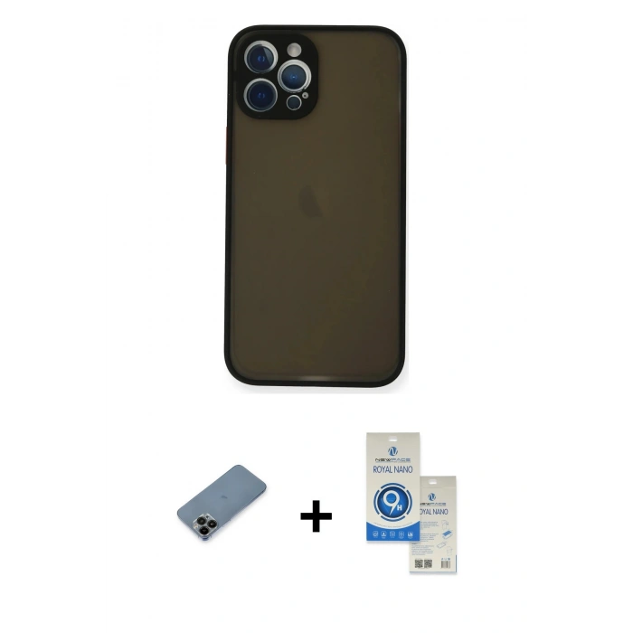MARSİLYAN™- iPhone 12 Pro Max Kılıf Ahenk Çizgi Serisi - Şeffaf Royal Nano Ekran Koruyucu + Shine Kamera Lens Koruma Cam - SH