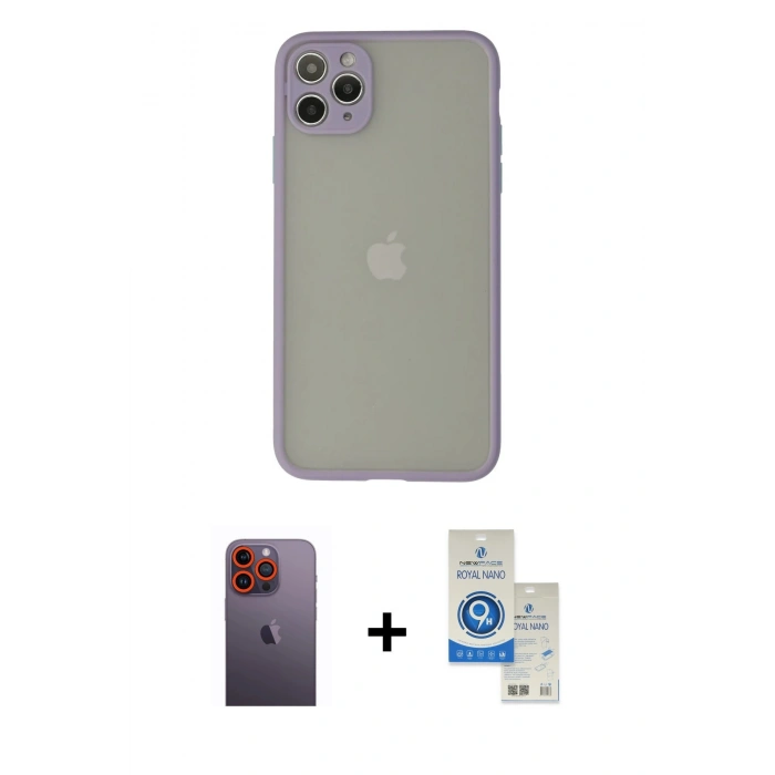MARSİLYAN™- iPhone 12 Pro Max Kılıf Ahenk Çizgi Serisi - Şeffaf Royal Nano Ekran Koruyucu + Neon Fosforlu Kamera Lens - TU