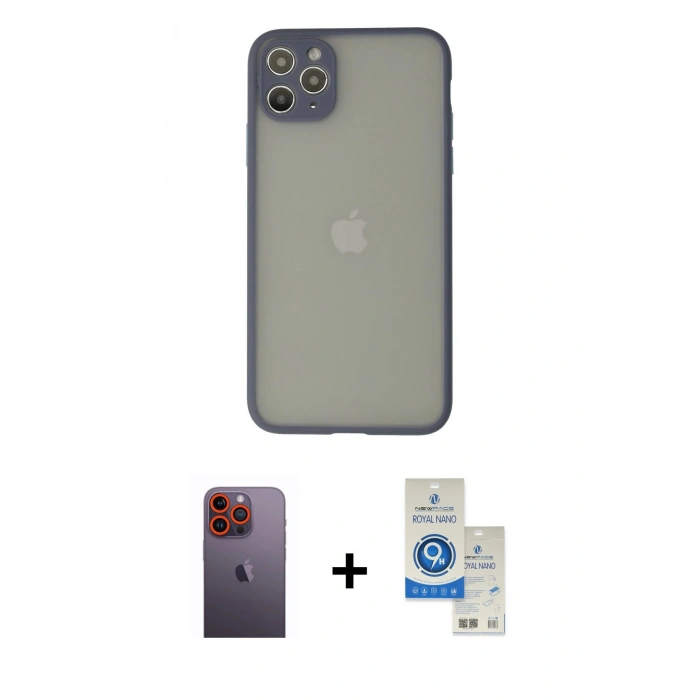 MARSİLYAN™- iPhone 12 Pro Max Kılıf Ahenk Çizgi Serisi - Şeffaf Royal Nano Ekran Koruyucu + Neon Fosforlu Kamera Lens - TU