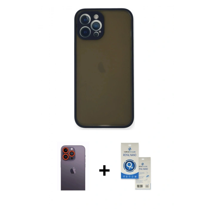 MARSİLYAN™- iPhone 12 Pro Max Kılıf Ahenk Çizgi Serisi - Şeffaf Royal Nano Ekran Koruyucu + Neon Fosforlu Kamera Lens - TU