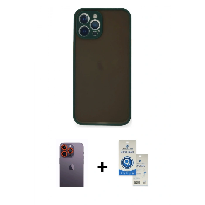 MARSİLYAN™- iPhone 12 Pro Max Kılıf Ahenk Çizgi Serisi - Şeffaf Royal Nano Ekran Koruyucu + Neon Fosforlu Kamera Lens - TU