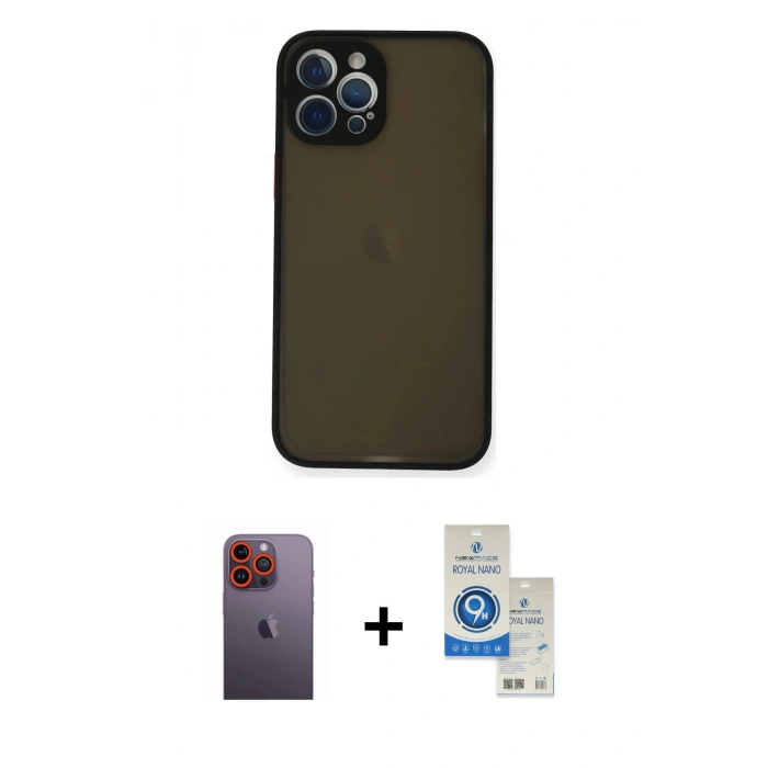 MARSİLYAN™- iPhone 12 Pro Max Kılıf Ahenk Çizgi Serisi - Şeffaf Royal Nano Ekran Koruyucu + Neon Fosforlu Kamera Lens - TU