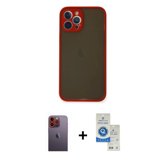 MARSİLYAN™- iPhone 12 Pro Max Kılıf Ahenk Çizgi Serisi - Şeffaf Royal Nano Ekran Koruyucu + Neon Fosforlu Kamera Lens - TU