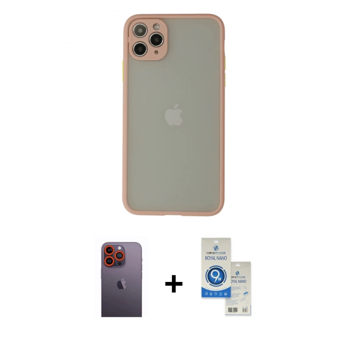 MARSİLYAN™- iPhone 12 Pro Max Kılıf Ahenk Çizgi Serisi - Şeffaf Royal Nano Ekran Koruyucu + Neon Fosforlu Kamera Lens - TU
