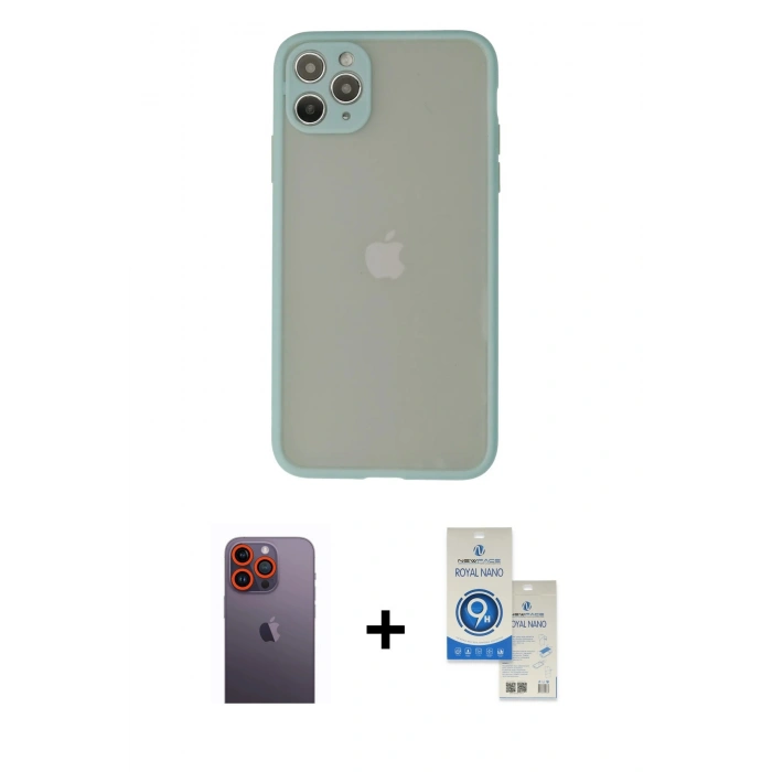 MARSİLYAN™- iPhone 12 Pro Max Kılıf Ahenk Çizgi Serisi - Şeffaf Royal Nano Ekran Koruyucu + Neon Fosforlu Kamera Lens - TU