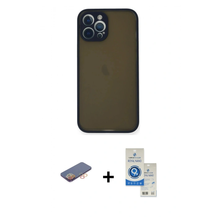 MARSİLYAN™- iPhone 12 Pro Max Kılıf Ahenk Çizgi Serisi - Şeffaf Royal Nano Ekran Koruyucu + Turuncu Renkli Kamera Lens Koruma Cam