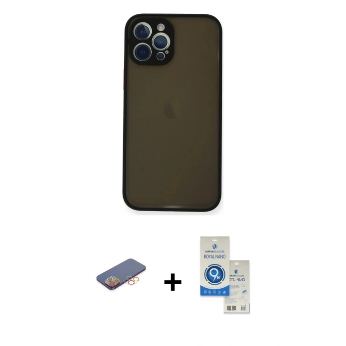 MARSİLYAN™- iPhone 12 Pro Max Kılıf Ahenk Çizgi Serisi - Şeffaf Royal Nano Ekran Koruyucu + Turuncu Renkli Kamera Lens Koruma Cam