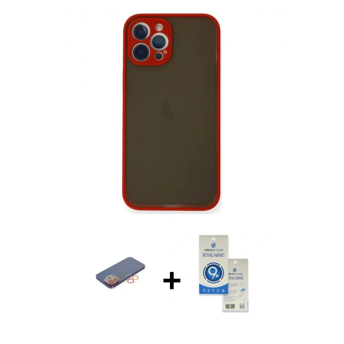 MARSİLYAN™- iPhone 12 Pro Max Kılıf Ahenk Çizgi Serisi - Şeffaf Royal Nano Ekran Koruyucu + Turuncu Renkli Kamera Lens Koruma Cam