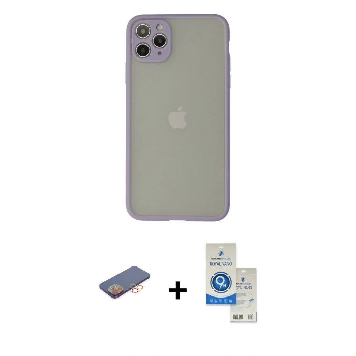 MARSİLYAN™- iPhone 12 Pro Max Kılıf Ahenk Çizgi Serisi - Şeffaf Royal Nano Ekran Koruyucu + Turuncu Renkli Kamera Lens Koruma Cam