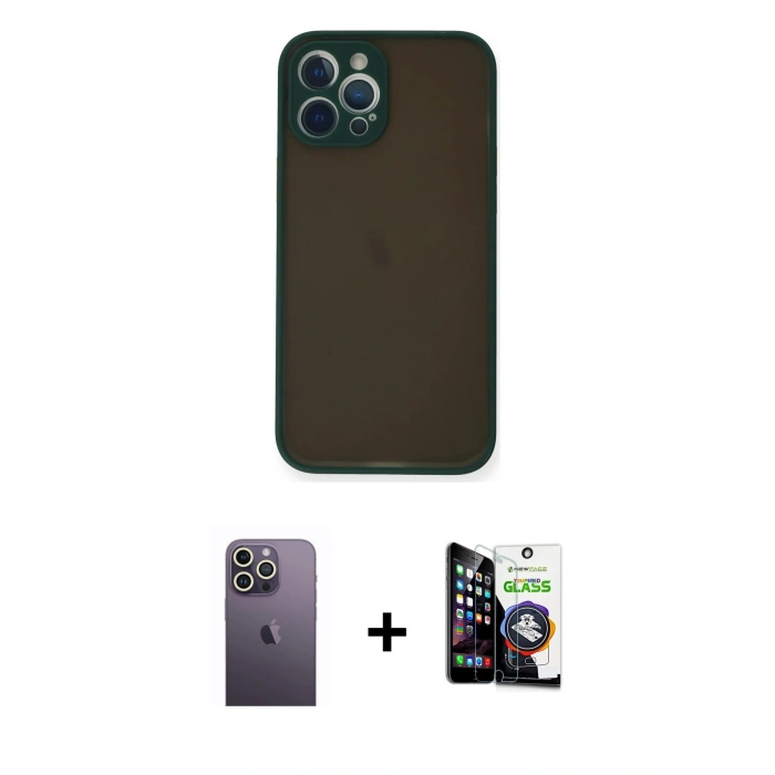 MARSİLYAN™- iPhone 12 Pro Max Kılıf Ahenk Çizgi Serisi - Şeffaf Temperli Cam Ekran Koruyucu + Neon Fosforlu Kamera Lens - BZ