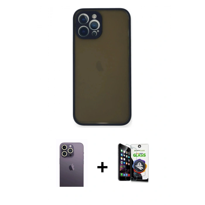 MARSİLYAN™- iPhone 12 Pro Max Kılıf Ahenk Çizgi Serisi - Şeffaf Temperli Cam Ekran Koruyucu + Neon Fosforlu Kamera Lens - BZ